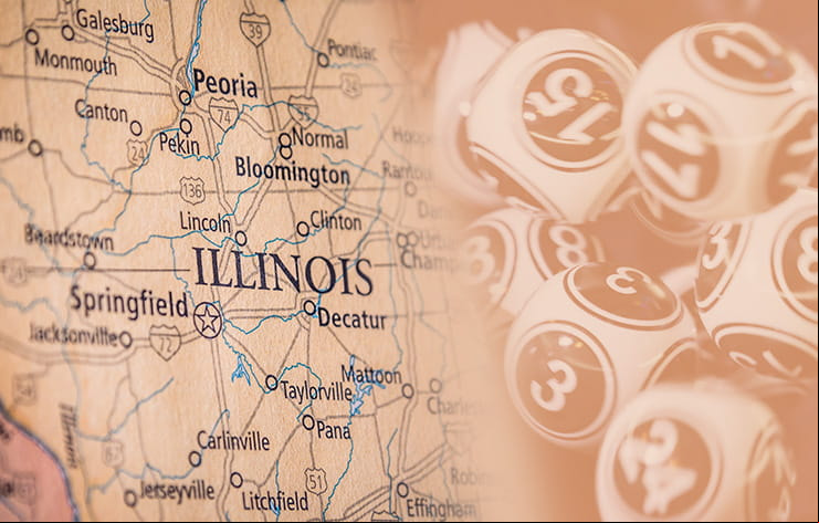 A map of the state and Illinois lottery balls.