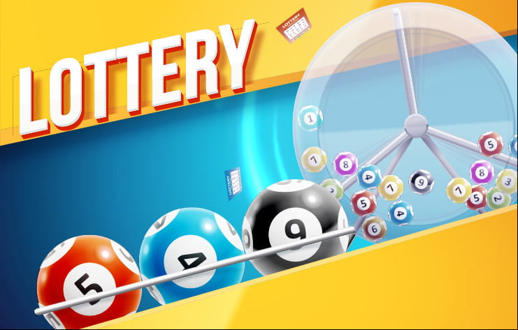 A lottery machine with some colorful balls in the foreground, and the word 'Lottery'.